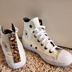 Converse White High-Tops with Leopard Accent